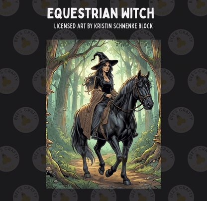 a woman riding a black horse through a forest, with mushrooms and trees surrounding them.