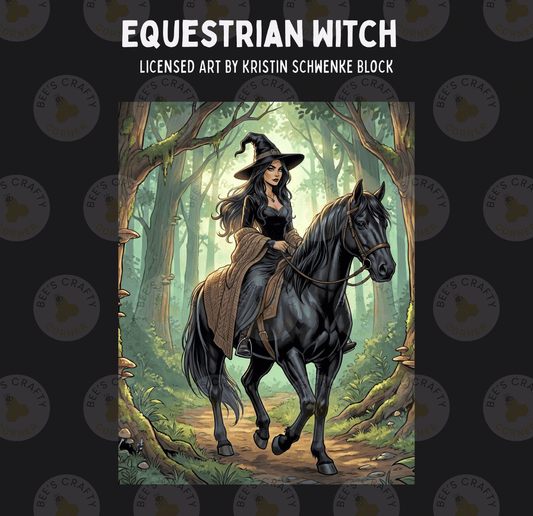 a woman riding a black horse through a forest, with mushrooms and trees surrounding them.