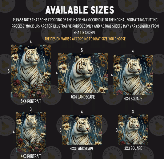 six different sizes of a portrait of a tiger, each with a unique background design. The sizes range from 3 to 5x5, and the background designs vary from landscape to square. The text indicates that some cropping may occur due to the normal formatting/cutting process, and mock-ups are available for illustrative purposes only. The actual sheets may vary slightly from what is shown.