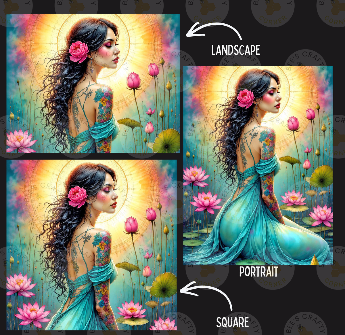 The image is a collage of three pictures depicting a woman with long, curly hair and tattoos, surrounded by flowers and a landscape background.