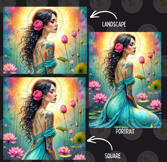 The image is a collage of three pictures depicting a woman with long, curly hair and tattoos, surrounded by flowers and a landscape background.