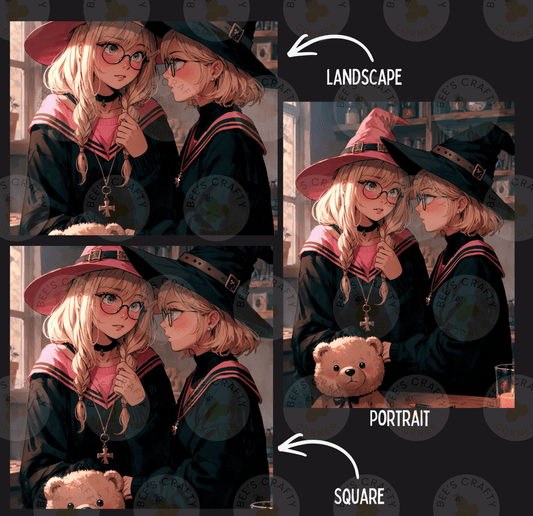 The image is a collage of four images depicting two young women wearing witch hats and glasses, with a teddy bear in one of the images.