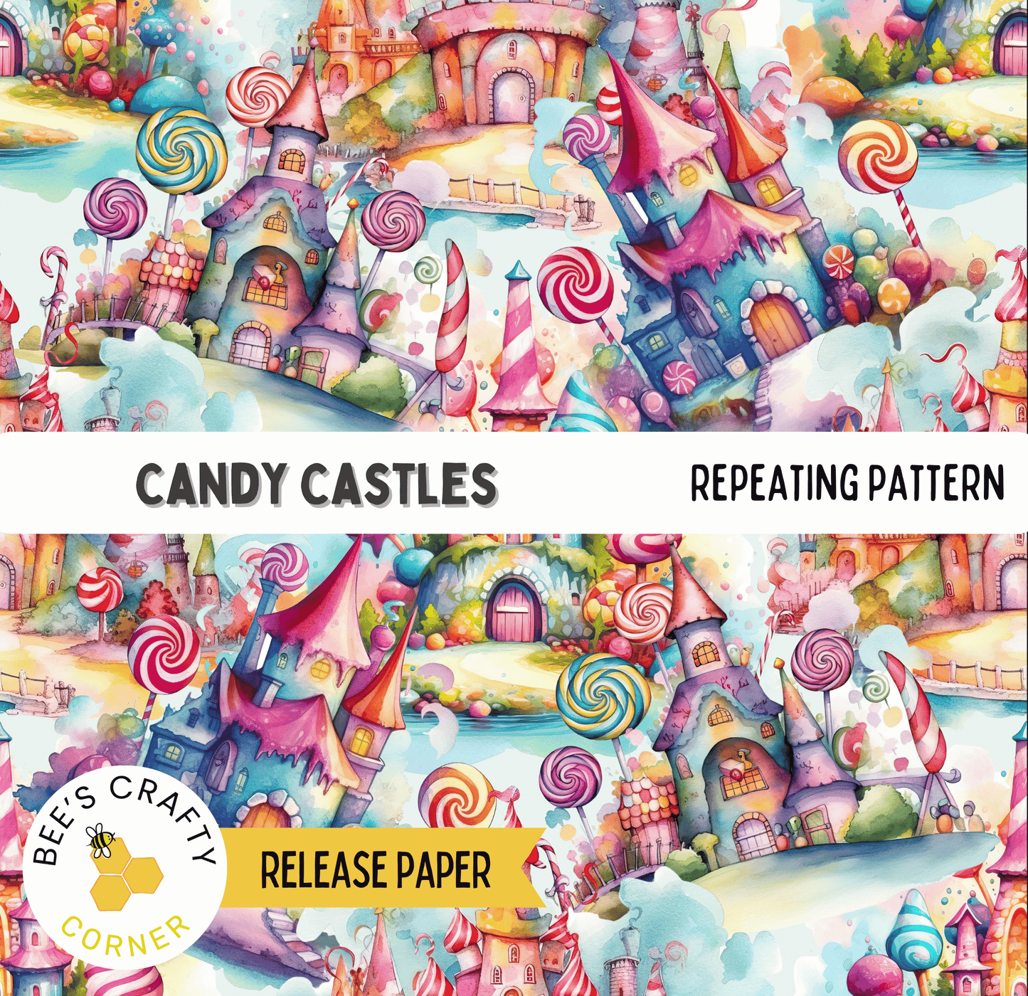 The image is a vibrant and whimsical pattern featuring colorful candy-themed buildings, lollipops, and other sweet treats. The pattern is a repeating pattern of various candy-related elements, creating a visually appealing and playful design.