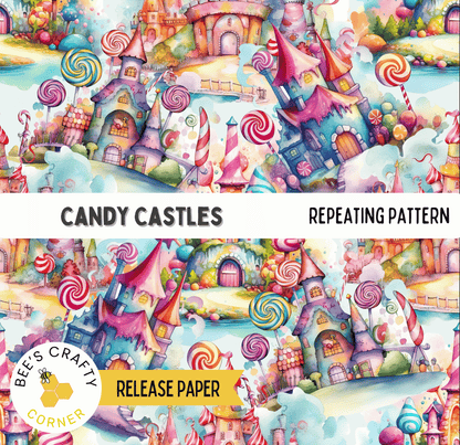 The image is a vibrant and whimsical pattern featuring colorful candy-themed buildings, lollipops, and other sweet treats. The pattern is a repeating pattern of various candy-related elements, creating a visually appealing and playful design.