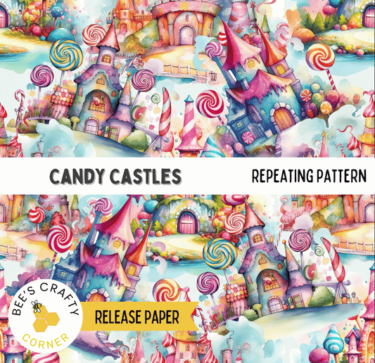The image is a vibrant and whimsical pattern featuring colorful candy-themed buildings, lollipops, and other sweet treats. The pattern is a repeating pattern of various candy-related elements, creating a visually appealing and playful design.