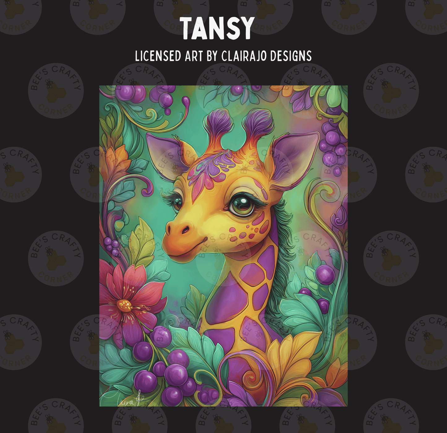 The image is a vibrant and colorful illustration of a giraffe surrounded by an array of flowers, leaves, and berries. The giraffe's head is prominently featured in the center of the image, with its eyes and nose clearly visible. The background is a lush, green landscape filled with various types of flowers and foliage, creating a visually striking and whimsical scene.