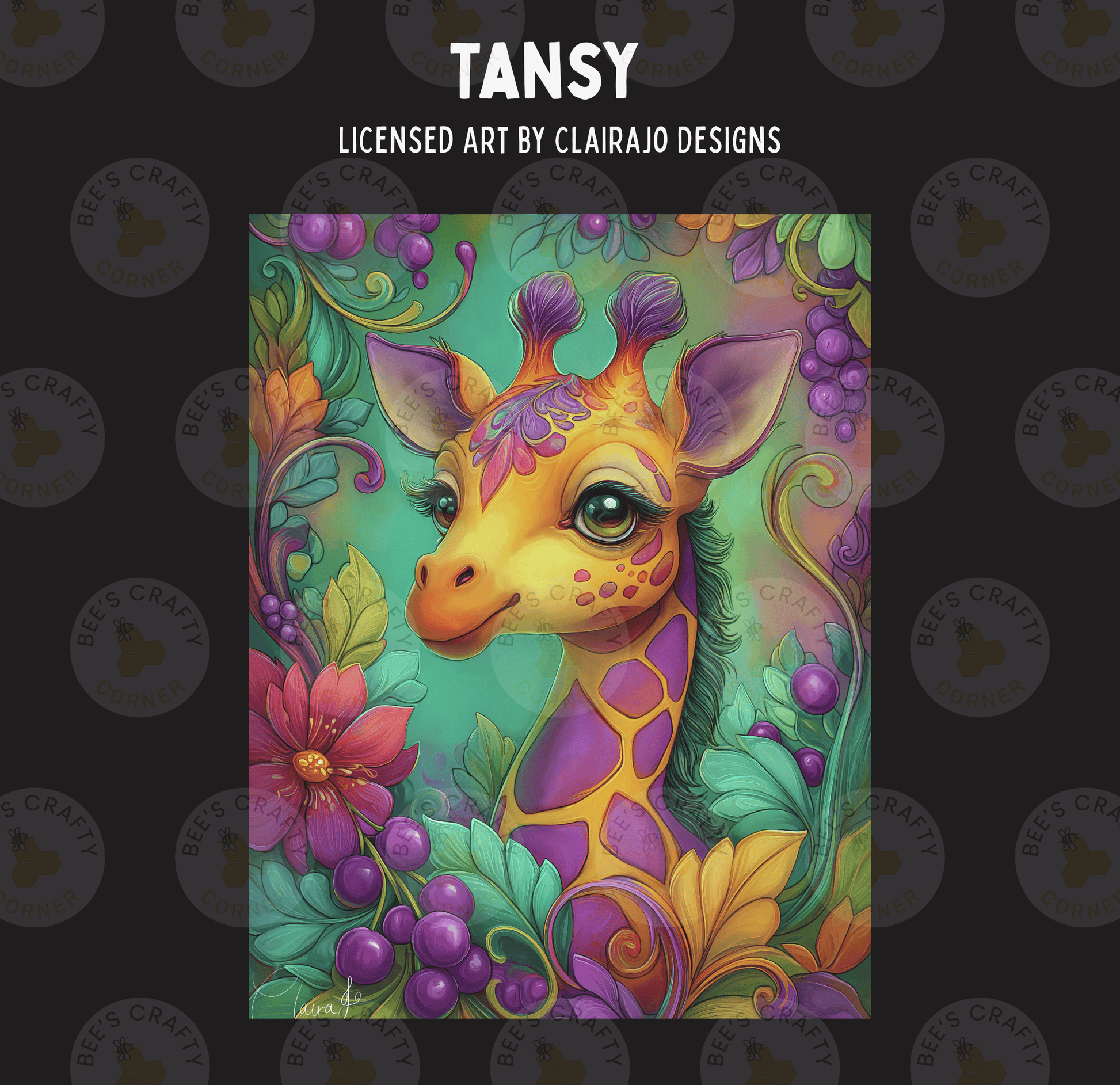 The image is a vibrant and colorful illustration of a giraffe surrounded by an array of flowers, leaves, and berries. The giraffe's head is prominently featured in the center of the image, with its eyes and nose clearly visible. The background is a lush, green landscape filled with various types of flowers and foliage, creating a visually striking and whimsical scene.