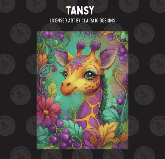 The image is a vibrant and colorful illustration of a giraffe surrounded by an array of flowers, leaves, and berries. The giraffe's head is prominently featured in the center of the image, with its eyes and nose clearly visible. The background is a lush, green landscape filled with various types of flowers and foliage, creating a visually striking and whimsical scene.