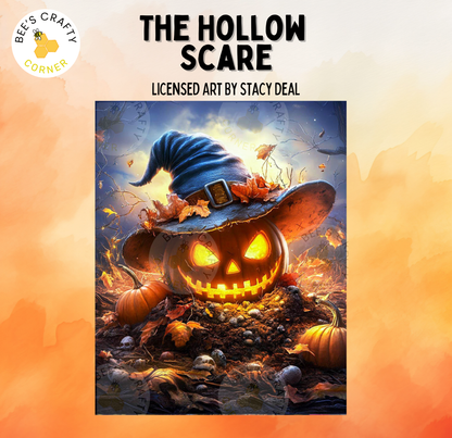 The image is a Halloween-themed painting featuring a jack-o-lantern surrounded by autumn leaves and a witch's hat.
