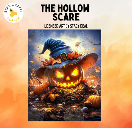 The image is a Halloween-themed painting featuring a jack-o-lantern surrounded by autumn leaves and a witch's hat.