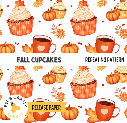 The image is a repeating pattern of fall-themed cupcakes and autumn fruits, including pumpkins, oranges, and apples, along with orange-colored coffee cups.