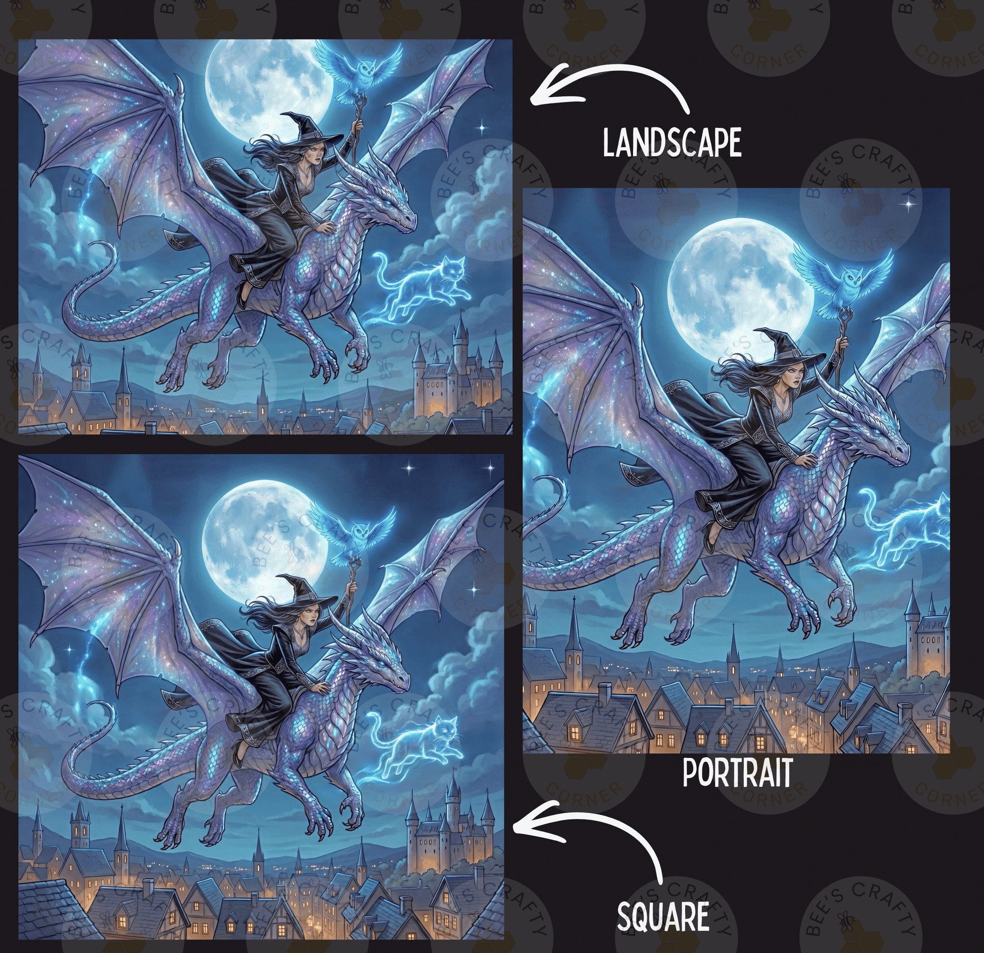 The image is a collage of three pictures depicting a woman riding a dragon under a full moon. The first image shows the woman on the dragon, the second image shows the woman on the dragon flying over a city, and the third image shows the woman on the dragon flying over a city. The image is labeled as a landscape, a portrait, and a square.