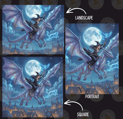 The image is a collage of three pictures depicting a woman riding a dragon under a full moon. The first image shows the woman on the dragon, the second image shows the woman on the dragon flying over a city, and the third image shows the woman on the dragon flying over a city. The image is labeled as a landscape, a portrait, and a square.