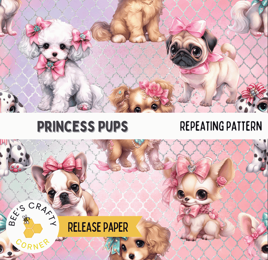 The image is a repeating pattern of various small dogs, including pugs, chihuahuas, and pomeranians, all wearing bows and accessories. The dogs are arranged in a grid-like pattern against a pink background.