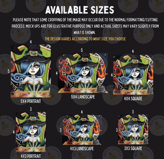 six different sizes of the same illustration of a witch, with varying proportions and arrangements.