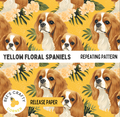 The image is a repeating pattern of yellow floral spaniels against a yellow background with green leaves.