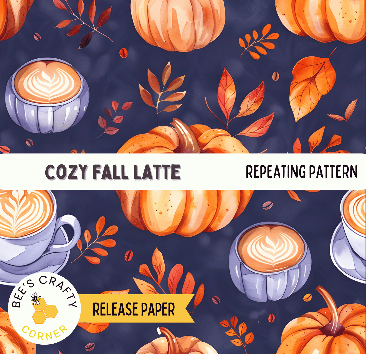 The image is a repeating pattern of autumn-themed elements, including pumpkins, coffee cups, and leaves, against a dark blue background.