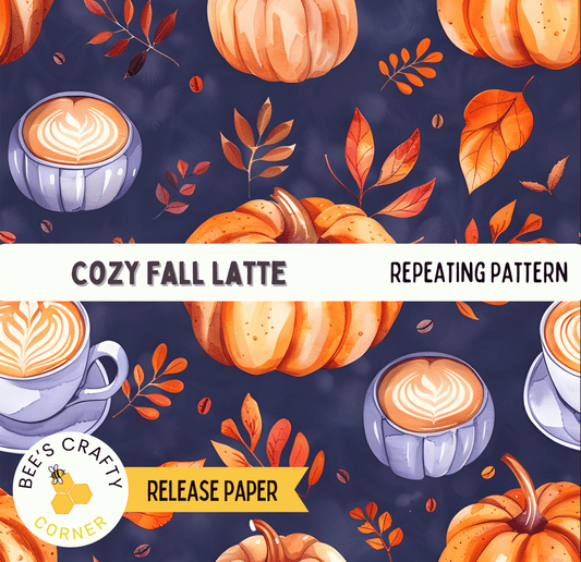 The image is a repeating pattern of autumn-themed elements, including pumpkins, coffee cups, and leaves, against a dark blue background.