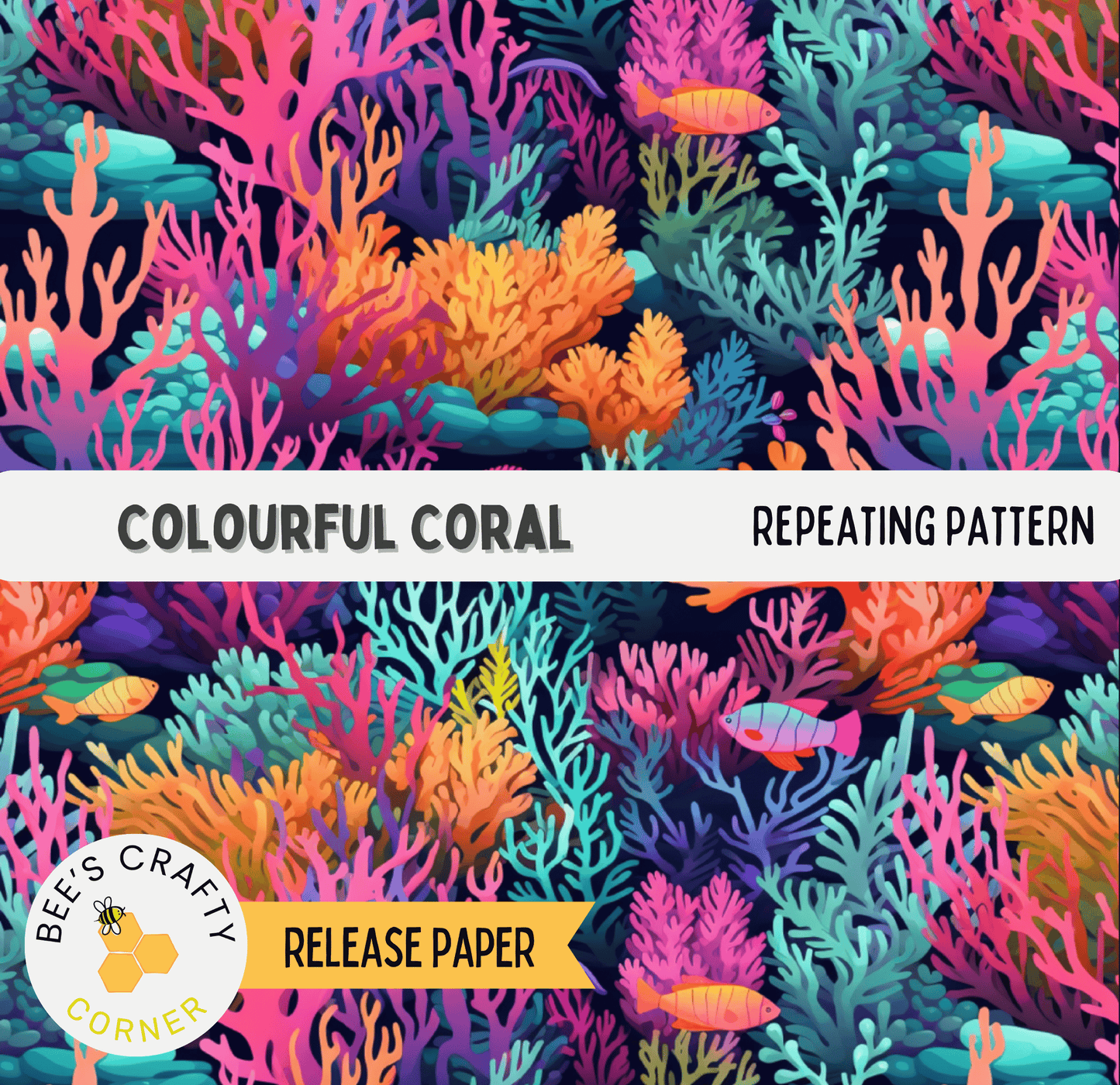 The image is a vibrant and colorful pattern featuring various types of coral and fish, creating a lively underwater scene.