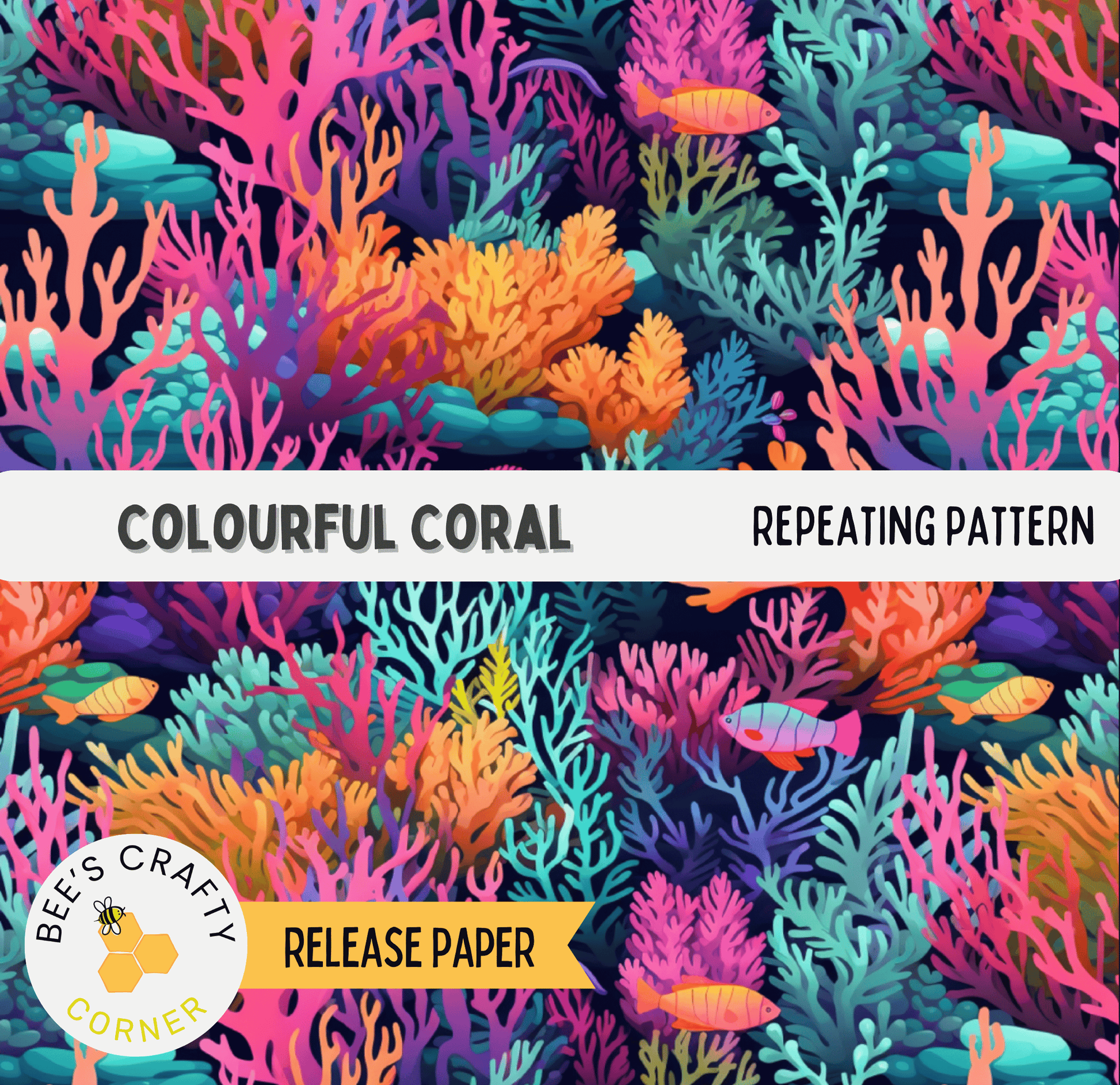 The image is a vibrant and colorful pattern featuring various types of coral and fish, creating a lively underwater scene.