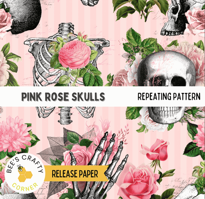 The image is a repeating pattern featuring various elements such as pink roses, skulls, bones, and leaves. The pattern includes a skeleton, a skull, and a rose, all set against a pink background. The text "PINK ROSE SKULLS" and "REPEATING PATTERN" are visible, along with the words "RELEASE PAPER" and "BEES CRAFTY CORNER".