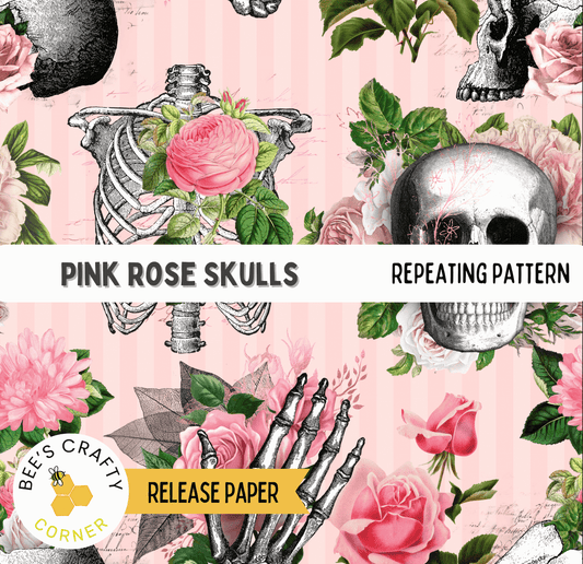 The image is a repeating pattern featuring various elements such as pink roses, skulls, bones, and leaves. The pattern includes a skeleton, a skull, and a rose, all set against a pink background. The text "PINK ROSE SKULLS" and "REPEATING PATTERN" are visible, along with the words "RELEASE PAPER" and "BEES CRAFTY CORNER".