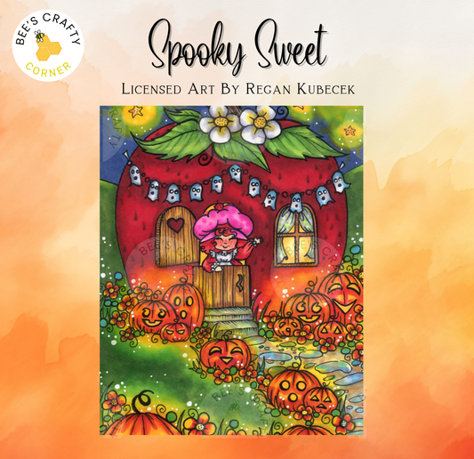 The image is a colorful illustration featuring a whimsical scene with a character, pumpkins, and flowers.