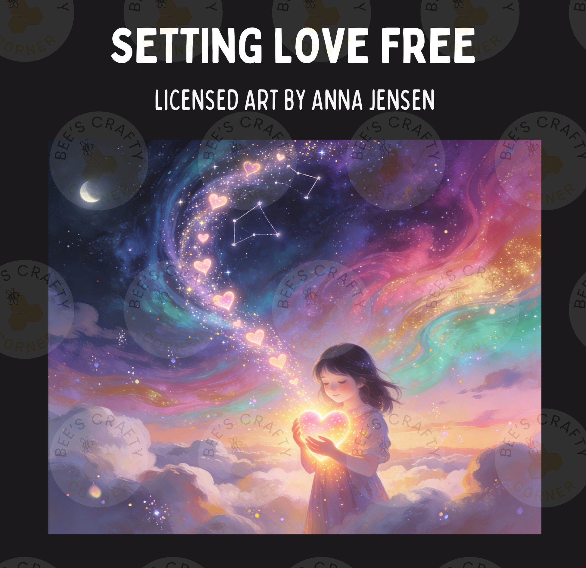 The image is a painting depicting a young girl holding a glowing heart, surrounded by a vibrant, colorful sky filled with stars and a crescent moon.