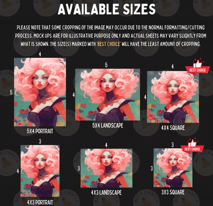 The image is a collage of six different sizes of illustrations featuring a woman with pink hair and a pink dress. The illustrations are arranged in a grid format, with each size represented by a different image. The sizes are labeled from 3x3 to 4x4, and the illustrations vary in their style and design. The image is described as a "collage" and "collage of six different sizes" and is not a single image. The image is not a photograph, and the sizes are not exact measurements.