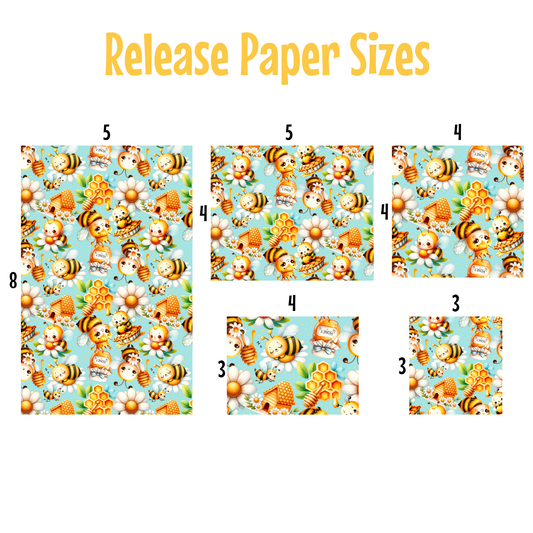 six different paper sizes, each featuring a pattern of cartoon-style bees and flowers on a light blue background.