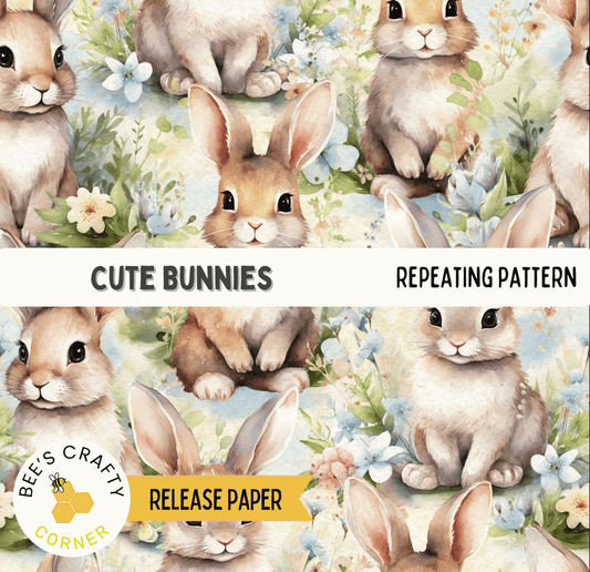 The image is a repeating pattern of cute bunnies surrounded by flowers and foliage.