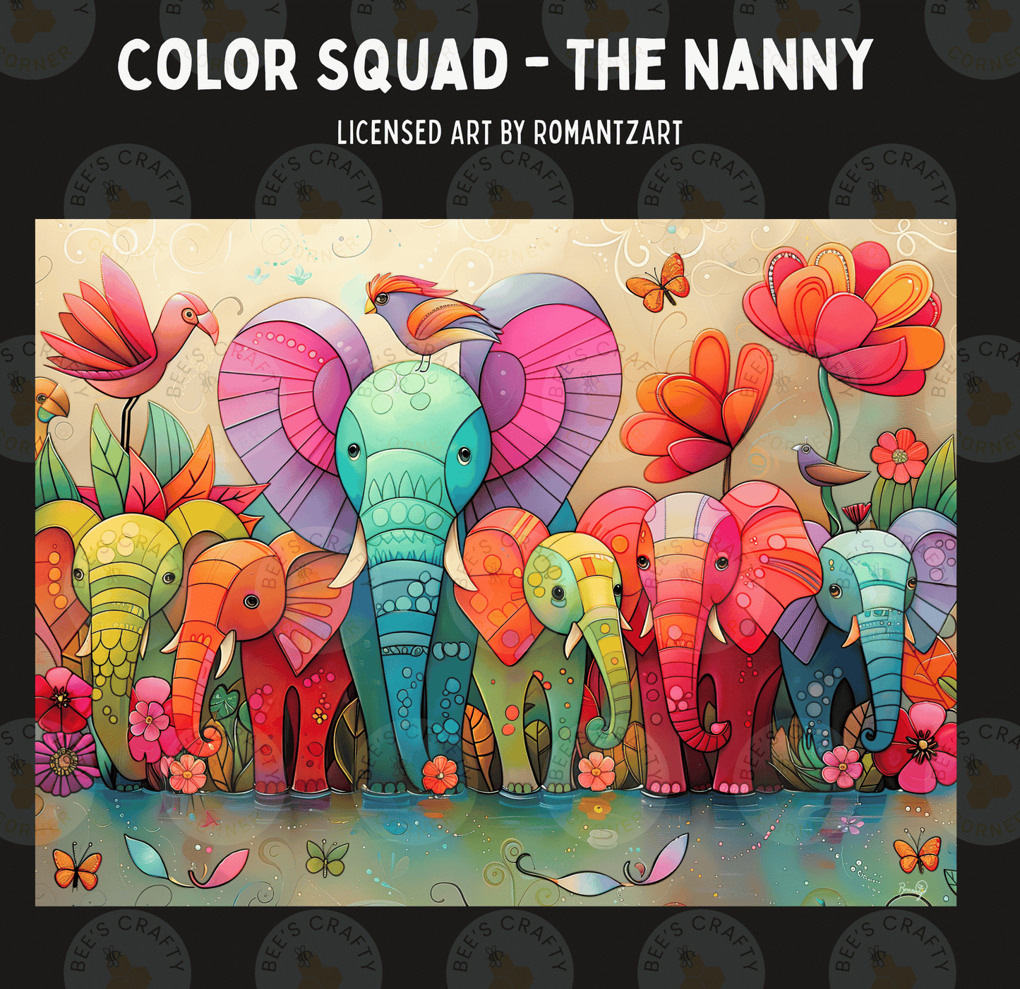 The image is a vibrant and whimsical painting featuring a group of elephants surrounded by colorful flowers, butterflies, and other fantastical elements.