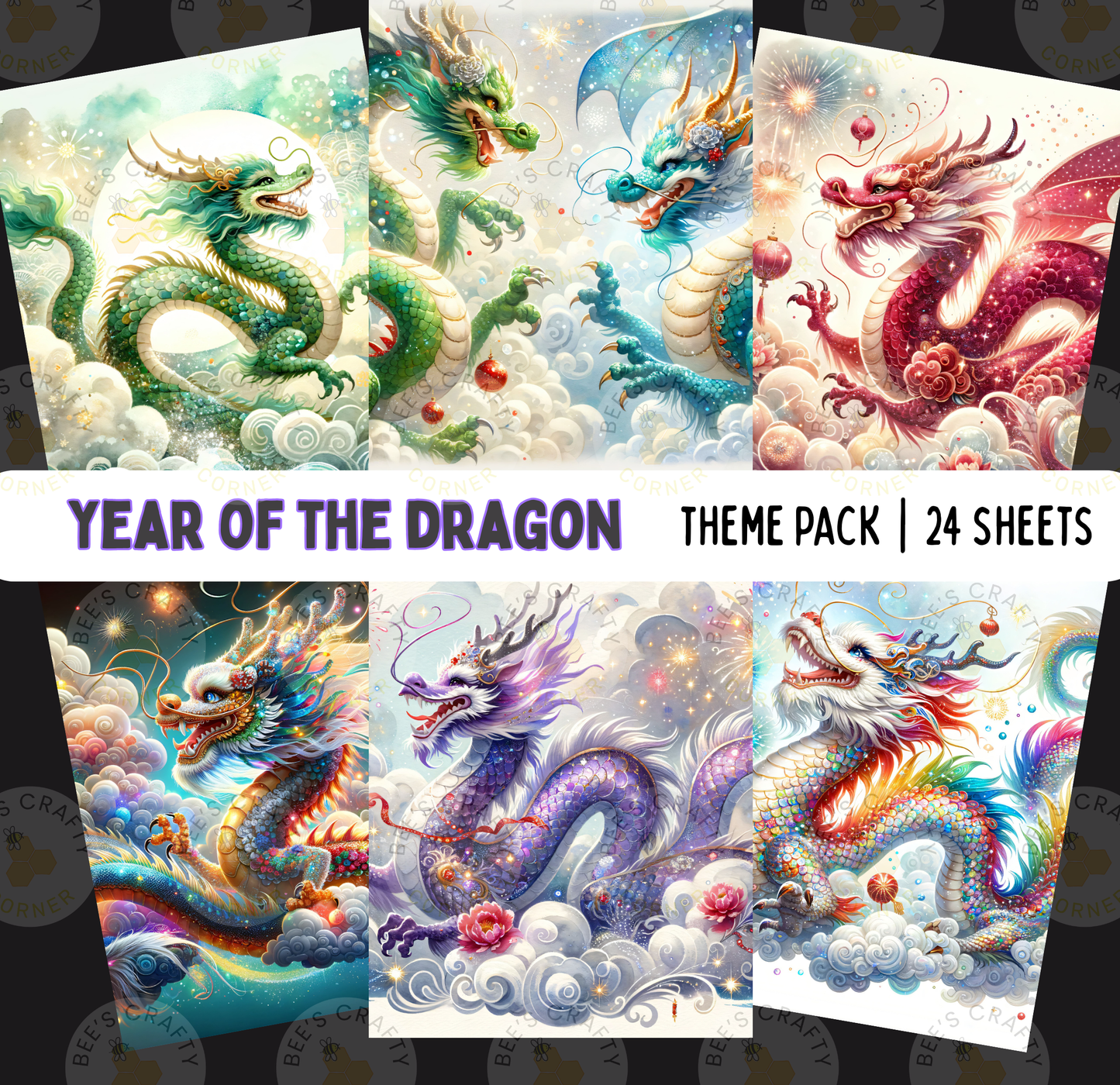 The image is a theme pack of 24 colorful and detailed dragon illustrations, each depicting a different dragon in various poses and settings.