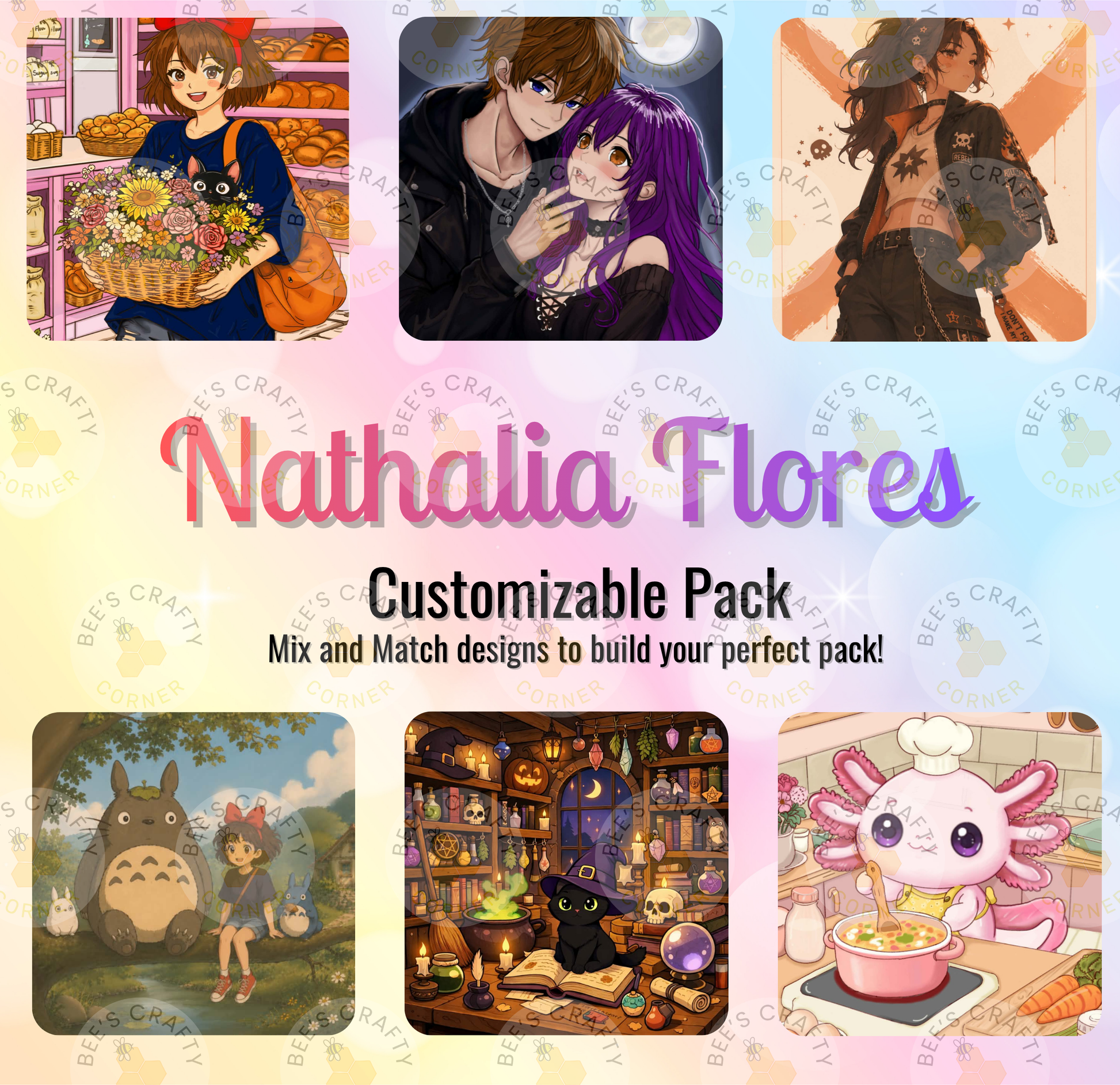 The image is a collage of six different images, each depicting a different scene or character. The images include a person holding flowers, a couple embracing, a person with purple hair, a person in a black outfit, a person in a pink outfit, and a person with a pink and white cat. The collage is titled "Nathalia Flores" and includes the text "Customizable Pack" and "Mix and Match designs to build your perfect pack!"