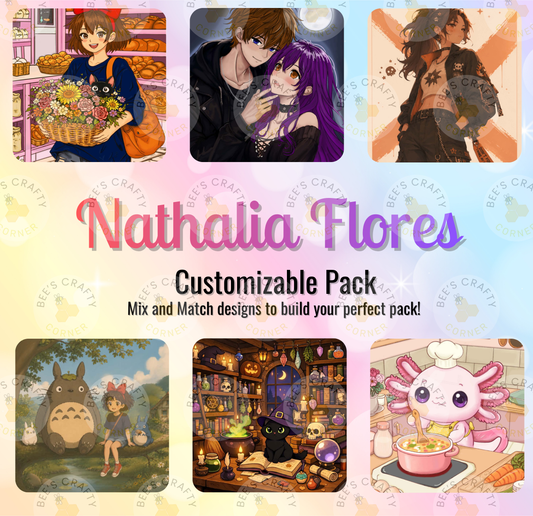 The image is a collage of six different images, each depicting a different scene or character. The images include a person holding flowers, a couple embracing, a person with purple hair, a person in a black outfit, a person in a pink outfit, and a person with a pink and white cat. The collage is titled "Nathalia Flores" and includes the text "Customizable Pack" and "Mix and Match designs to build your perfect pack!"