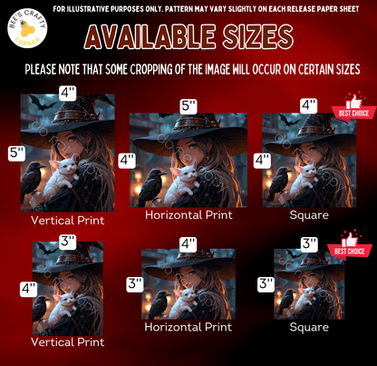 The image is a collage of six images featuring a woman in a witch's hat holding a cat and a bird. The images are available in different sizes, including 4", 5", 4", 5", 4", and 3".