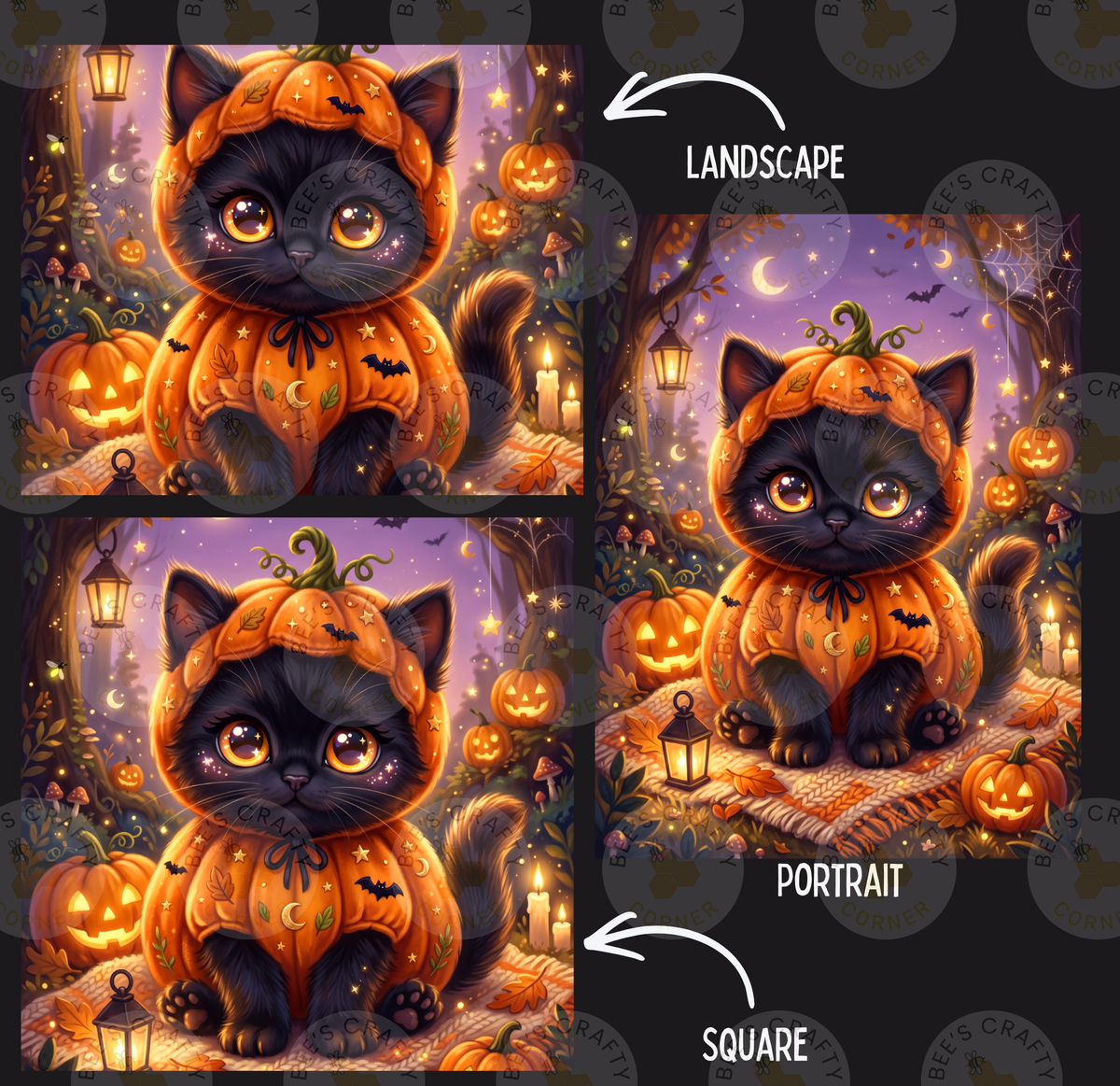 The image is a collage of three pictures depicting a cat wearing a pumpkin costume, surrounded by Halloween-themed elements such as jack-o-lanterns, bats, and lanterns.