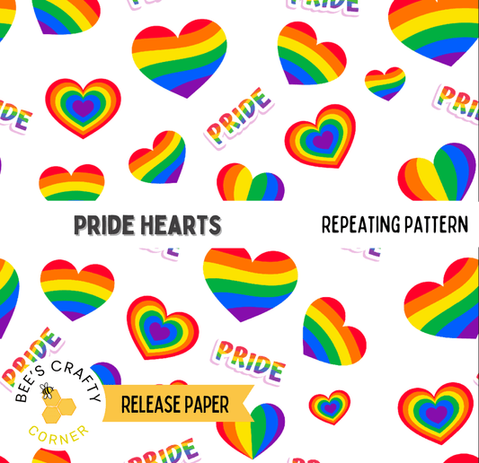 a repeating pattern of rainbow-colored hearts, with the word "PRIDE" written in various colors and styles throughout the pattern.