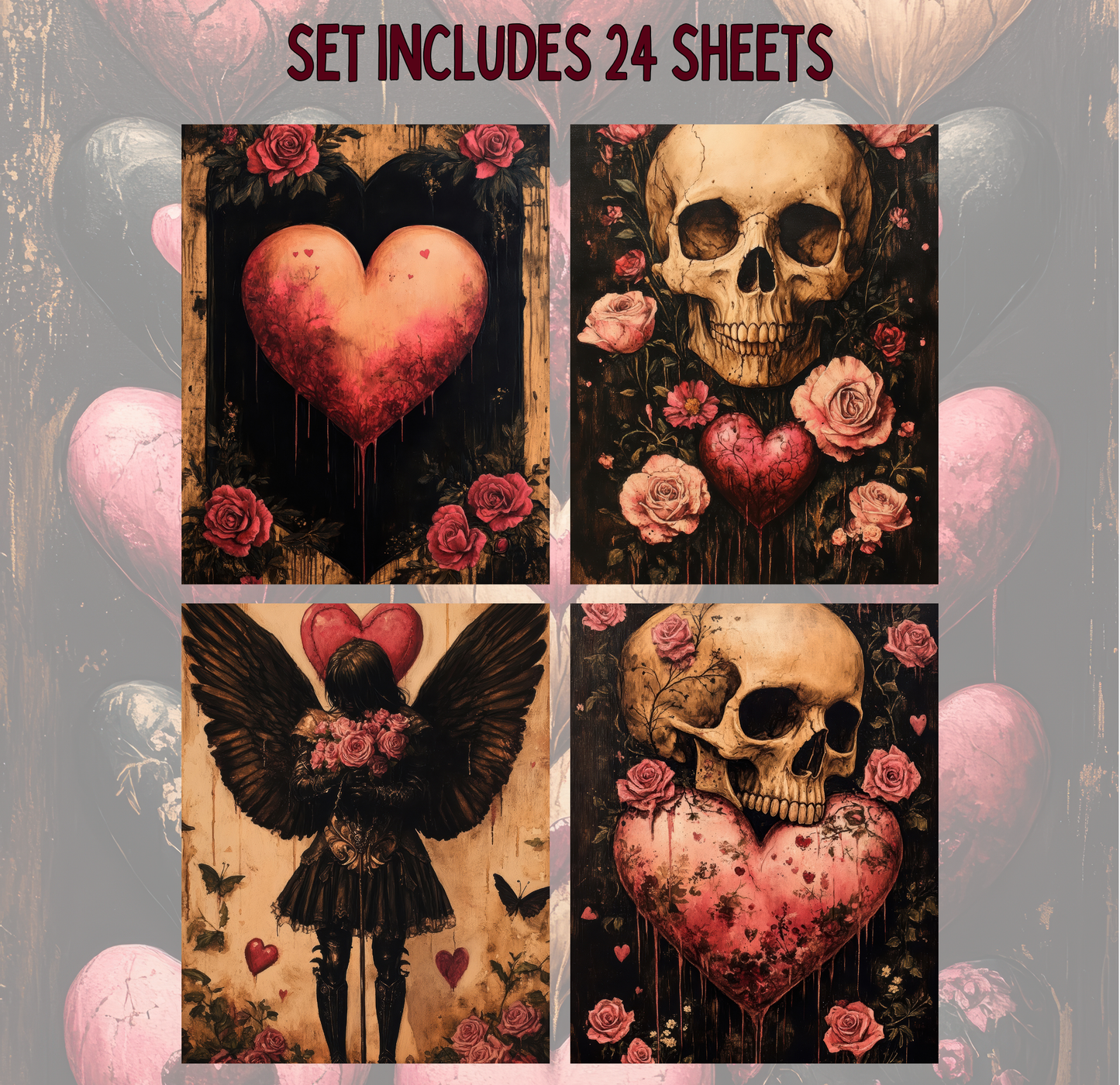 four distinct artworks, each featuring a unique combination of elements such as a heart, a skull, a winged figure, and roses. The artworks are arranged in a grid format, with each piece placed in its own square. The artworks are set against a background that includes balloons and other decorative elements, creating a visually striking and artistic composition.