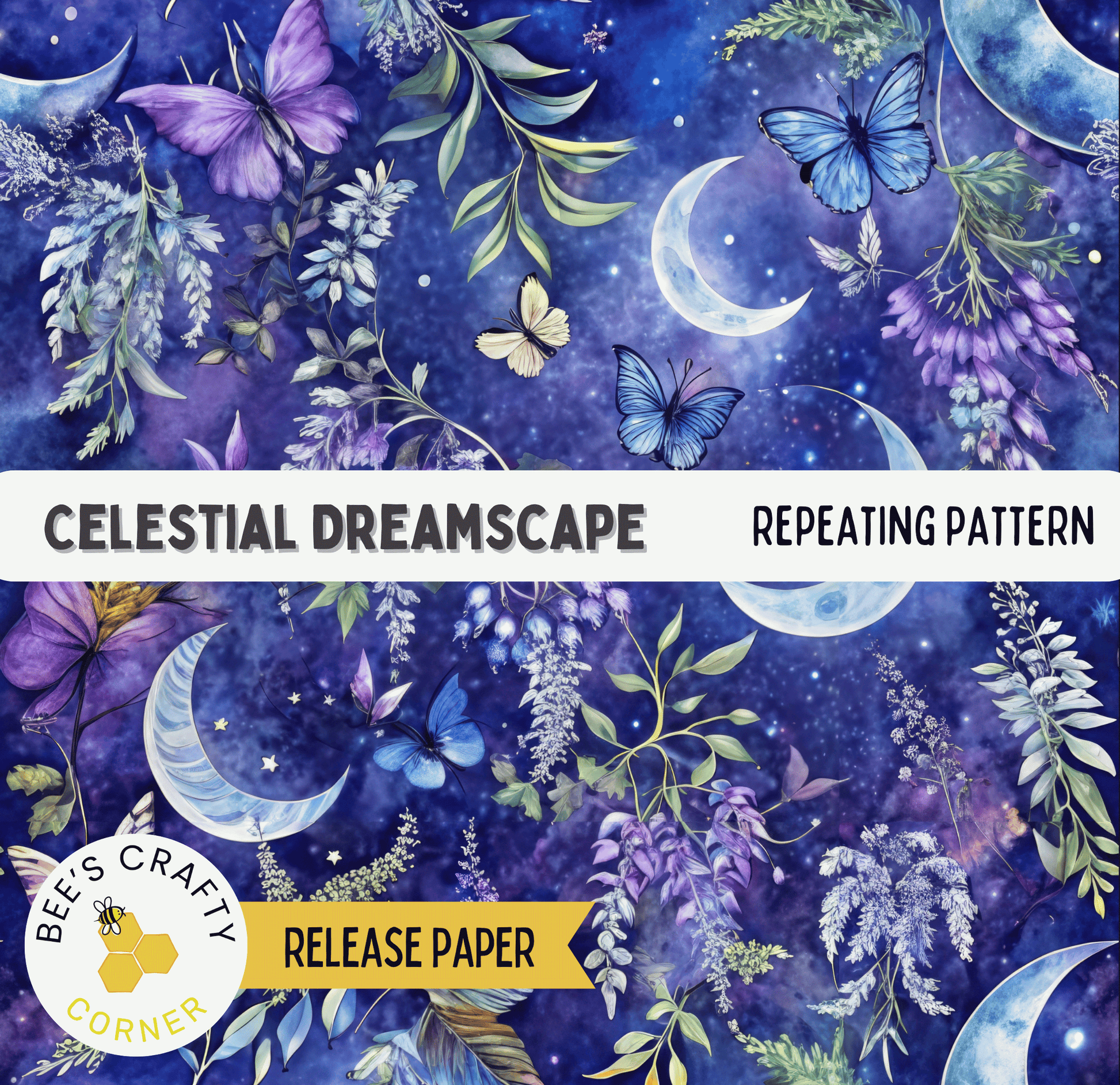 The image is a collage of various floral and butterfly-themed elements, including crescent moons, flowers, and butterflies, set against a night sky background.