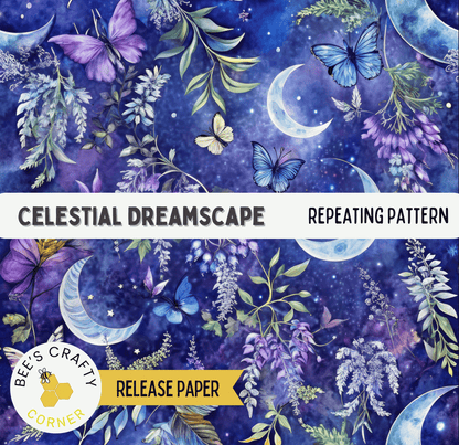 The image is a collage of various floral and butterfly-themed elements, including crescent moons, flowers, and butterflies, set against a night sky background.