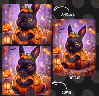 The image is a collage of three pictures depicting a black rabbit wearing a pumpkin costume and sitting on a pumpkin. The rabbit is surrounded by Halloween-themed elements such as pumpkins, bats, and lanterns. The collage is labeled as a landscape and a portrait, and the square image is labeled as a portrait.