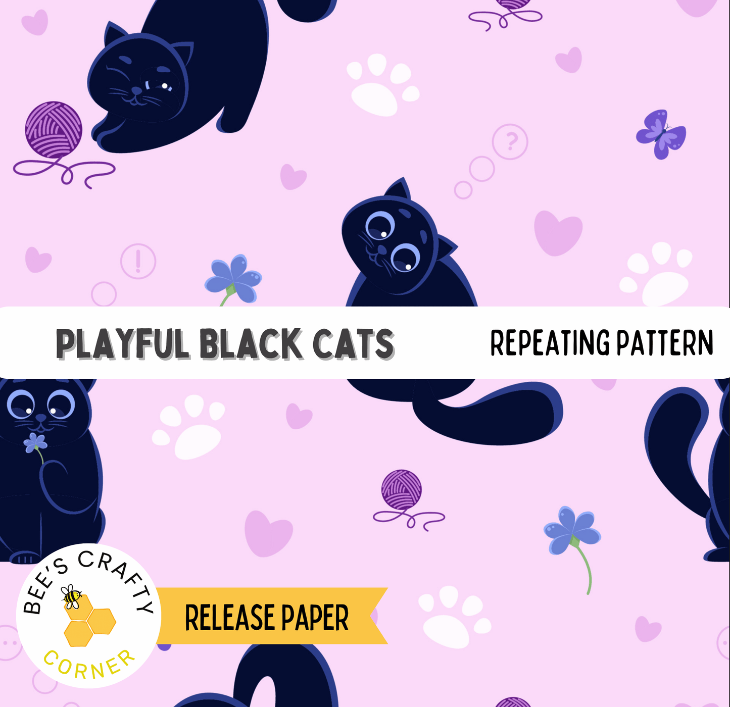 The image is a repeating pattern of black cats against a pink background, with various decorative elements such as hearts, flowers, and paw prints.