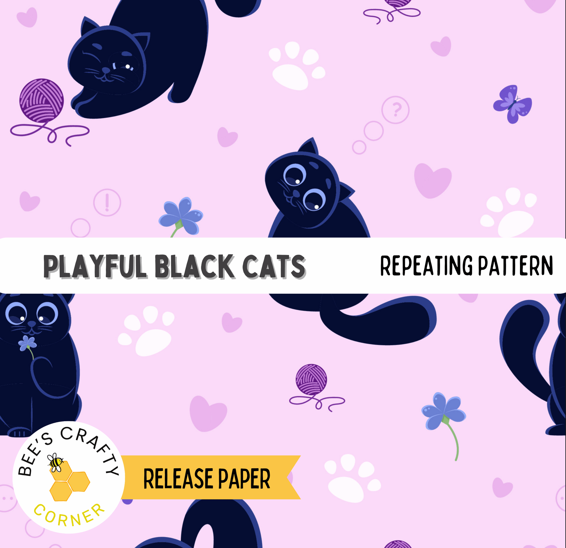 The image is a repeating pattern of black cats against a pink background, with various decorative elements such as hearts, flowers, and paw prints.