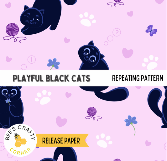 The image is a repeating pattern of black cats against a pink background, with various decorative elements such as hearts, flowers, and paw prints.