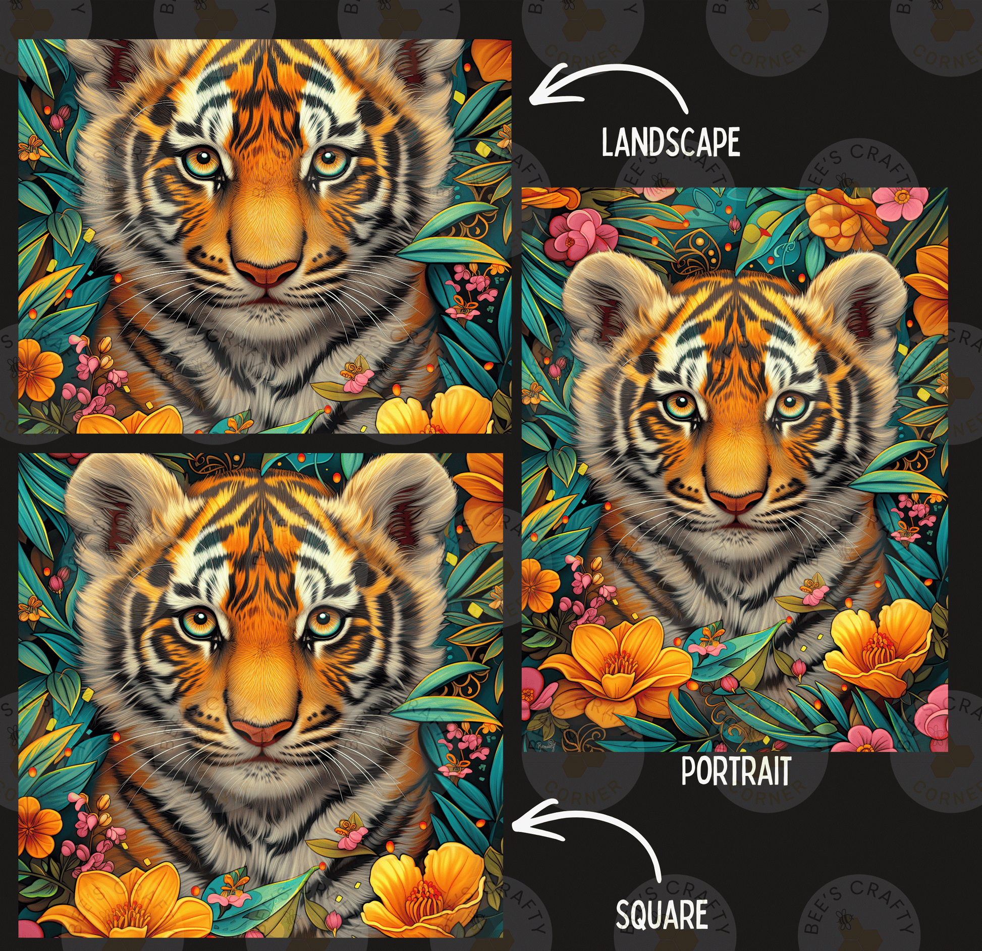 The image is a collage of three images depicting a tiger surrounded by a lush, colorful landscape with flowers and foliage.