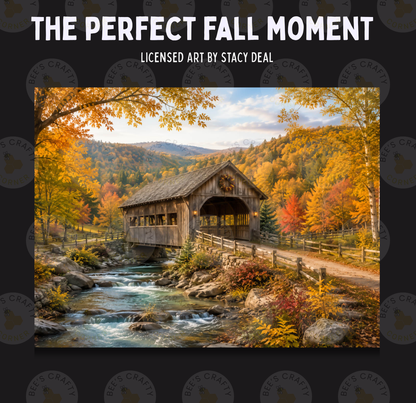 a picturesque autumn scene with a wooden covered bridge spanning a stream, surrounded by vibrant fall foliage.