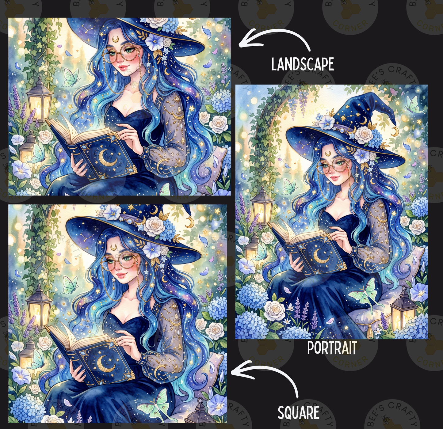 The image is a collage of three pictures depicting a woman with long, blue hair wearing a witch's hat and holding a book, surrounded by a garden with flowers and lanterns.