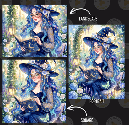 The image is a collage of three pictures depicting a woman with long, blue hair wearing a witch's hat and holding a book, surrounded by a garden with flowers and lanterns.