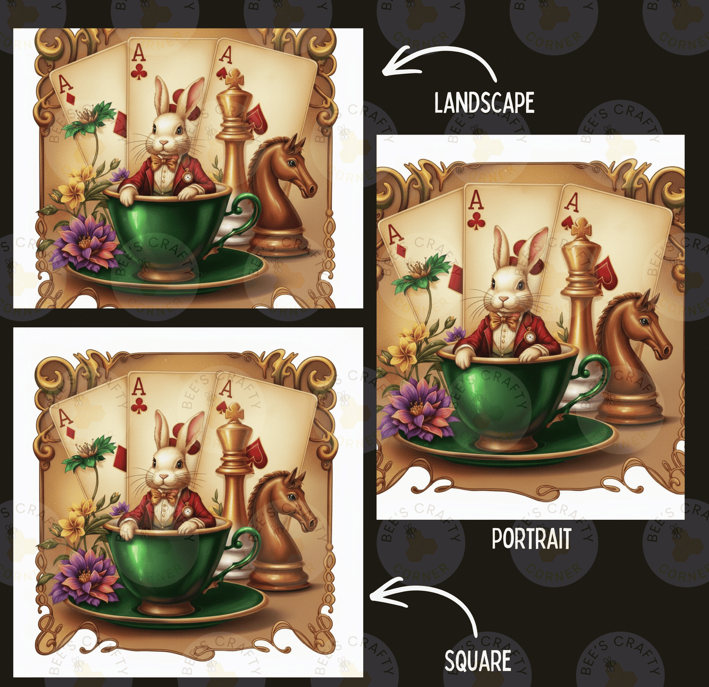 The image is a collage of two square images, each depicting a landscape with a rabbit, a horse, and a cup of tea. The rabbit is sitting in the cup, and the horse is standing next to the cup. The cup is surrounded by various objects, such as flowers, cards, and a chessboard. The image on the left is labeled "LANDscape" and the one on the right is labeled "Portrait".